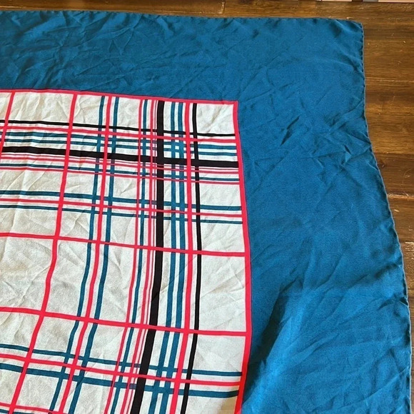 Franco Ferrari Grid Plaid Window Pane Scarf Silk Vintage Turquoise Blue Square - Picture 8 of 11